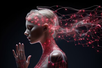 Naklejka premium Nebula Neural Colorful Brain Cell Energy Connections, Brain Dots Pattern Neuronal Network, Vibrant Digital Art Microscopic Mycelium Membran, Colored DNA background and motley radiant medical Wallpaper
