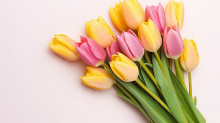 Vibrant Bouquet of colorful tulips. Festive flowers on a light pink background. Easter and mothers day, International Women's Day