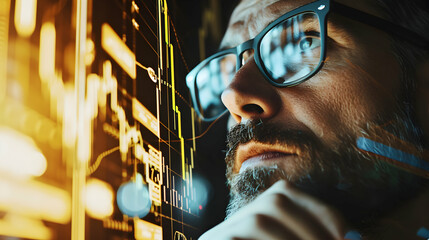 middle-aged financial trader inspecting charts. screen reflected in glasses - trading, stock, finance, investment, market, financial - obrazy, fototapety, plakaty