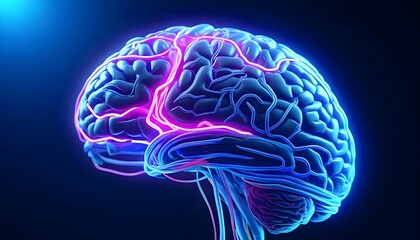 Dynamic 3D Brain, Neon Lines Illuminate Neural Network Connections.