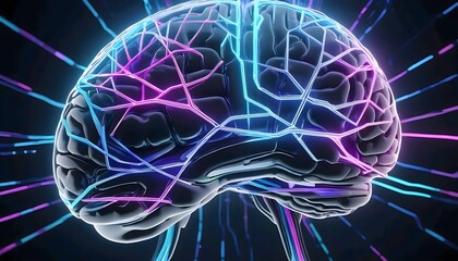Dynamic 3D Brain, Neon Lines Illuminate Neural Network Connections.