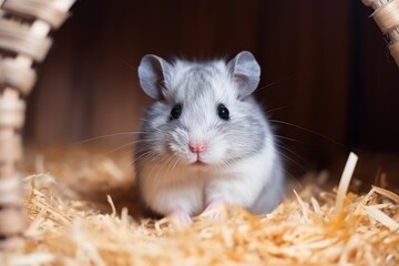 Tiny gray hamster in wooden shavings, adorable baby animal in small cage with blurred background, represents pets.