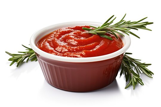 Tasty tomato paste with rosemary in a bowl on a white background