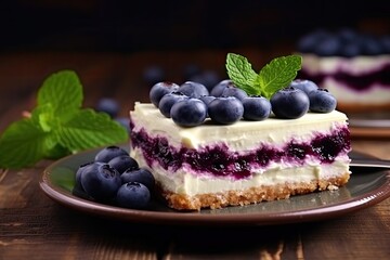 Close up view of rustic style no bake cheesecake slices with blueberry and mint on brown wooden table