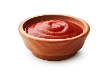 Isolated wooden bowl with ketchup on white background
