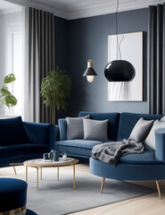 modern living room with sofa, Interior design of modern living room with blue sofas and gray armchair