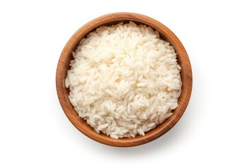 White isolated wooden bowl with rice viewed from above