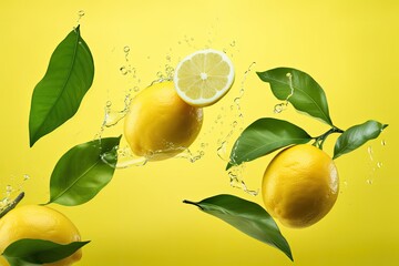 High resolution image of lemons levitating in zero gravity with green leaves on yellow background