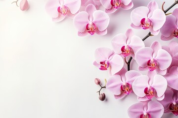 Close up of pink phalaenopsis orchids on a pastel background, with selective focus, creating a beautiful floral scene. - obrazy, fototapety, plakaty