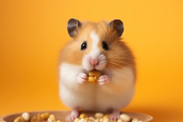 Close-up of a small hamster eating dry food on a yellow background.