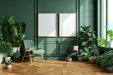 living room with green walls and a hardwood floor with blank mockup frames, many plants