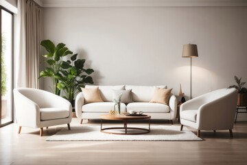 Interior home design of modern living room with sofa, armchair and round table near the window