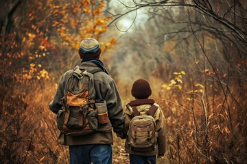 Naklejka premium A father and his young daughter bond over the beauty of nature as they explore the vibrant autumn forest, their sturdy jackets shielding them from the crisp air as they stand surrounded by towering t