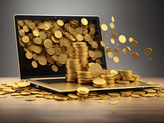 cash and gold coins pile on a laptop for electronic banking and making money online concepts as wide banners with copy space area 3D rendering design.