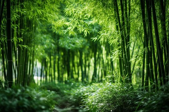 Closeup of dense bamboo forest with tall trunks and lush green leaves. Generative AI