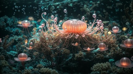 Obraz na płótnie Canvas Luminous Depths: A Tranquil Scene of Bioluminescent Deep-Sea Creatures