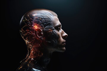 Human Brain Medtech, AI models Head cyborg technology imaging techniques angiography and CT scans. Human skulls digital radiography, radiation exposure. Axonal structures fractal patterns mind anatomy