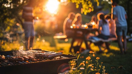 A group of people gathered around a sizzling barbecue, basking in the warmth of the summer sun, dressed in casual clothing and surrounded by towering trees, eagerly anticipating the delicious outdoor - obrazy, fototapety, plakaty