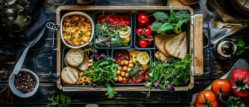A colorful assortment of plant-based whole foods, including ripe tomatoes and vibrant fruits, are beautifully displayed on a tray, showcasing the abundance and nourishment of a natural, vegan diet