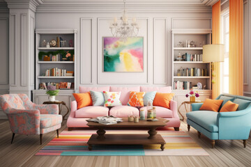 Farmhouse interior modern minimal living room with sofa and furniture colorful