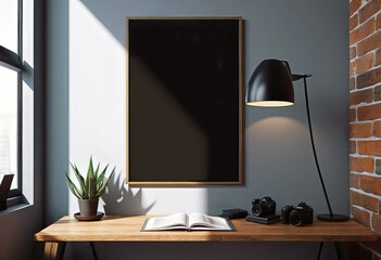 blank poster mockup (simple frame) hanging on wall in modern store interior,