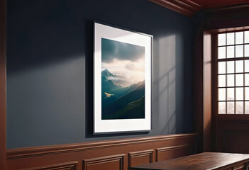 blank poster mockup (simple frame) hanging on wall in modern store interior,
