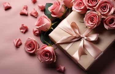 Fototapeta na wymiar Valentine gift box with roses. Created with Ai
