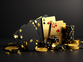 Casino game poker card playing gambling chips black and gold style banner backdrop background 
design Concept. 3d rendering design.