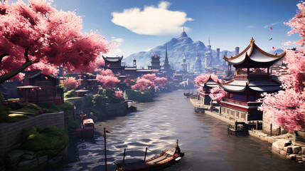 Obraz premium Immerse yourself in the beauty of traditional Asian architecture. This illustration captures the essence of historical landmarks and scenic landscapes.