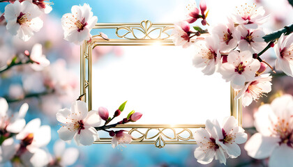 Delicate spring frame of sakura flowers on an elegant background with bokeh, spring sakura banner for design and congratulations,