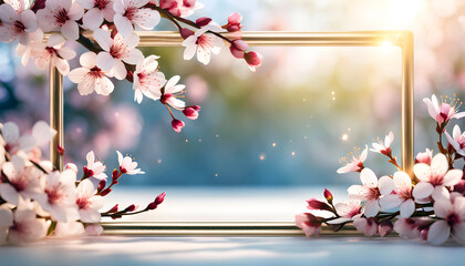 Delicate spring frame of sakura flowers on an elegant background with bokeh, spring sakura banner for design and congratulations,