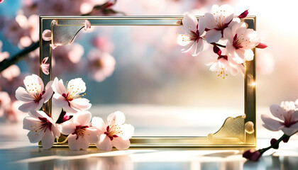 Delicate spring frame of sakura flowers on an elegant background with bokeh, spring sakura banner for design and congratulations, - obrazy, fototapety, plakaty