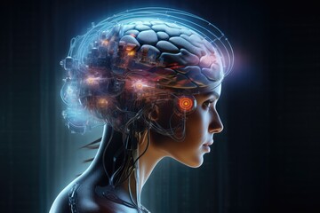 Brain sectional imaging X-ray and CT scan technique, cyborg radiography. Radiation dose, film and tomograms. Hounsfield Units (HU) CT angiography human mind head skull fractal axon ai medtech model.