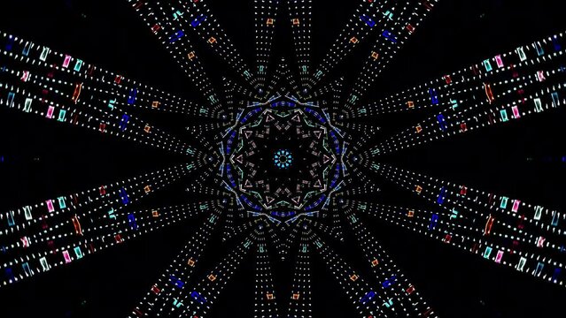 abstract lines colorful dots light shining round shape in center, black background	
