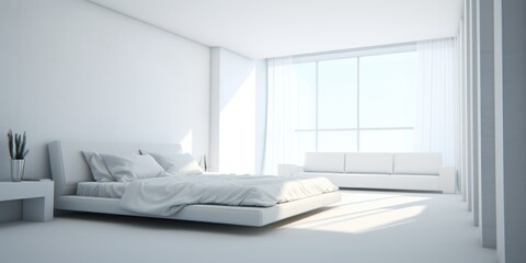 Fototapeta na wymiar Banner with minimalist white spacious bedroom. Contemporary interior idea