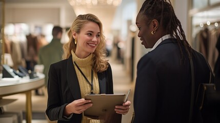 A candid, documentary-style shot of a warm and attentive female fashion store associate with an iPad mini, offering assistance to a pleased customer - obrazy, fototapety, plakaty