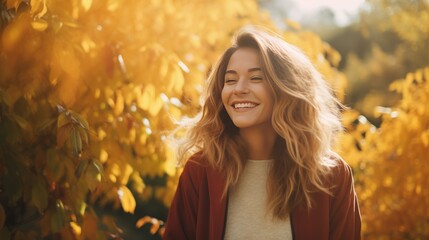 A close-up shot of a smiling woman surrounded by fall colors in a park, Instagram aesthetic, leaving room for text or design