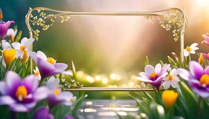 Spring frame of spring flowers on an elegant background with bokeh, spring frame for design and congratulations,