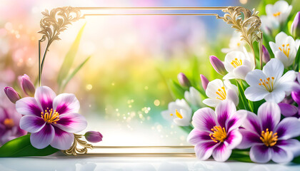 Spring frame of spring flowers on an elegant background with bokeh, spring frame for design and congratulations,