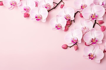 White Phalaenopsis orchid flowers on pink background. Tropical flower close up. Pink orchid background for holiday, Women's Day, beauty.