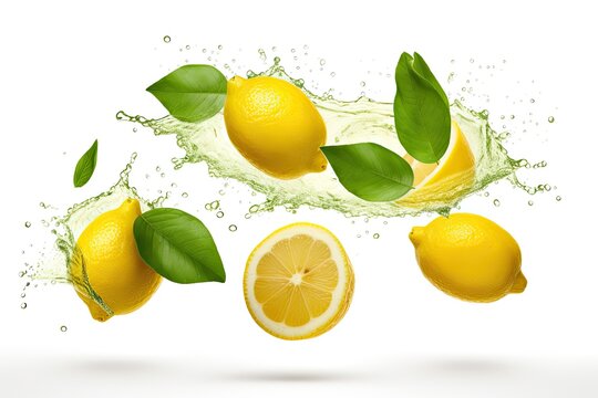 High res image of lemons with leaves floating in white background depicting food levitation or zero gravity concept