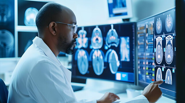 Black man Neurologist Looks at Screen with MRI Scan and diagnose.