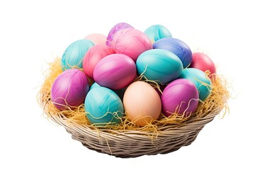 Fototapeta na wymiar Pastel colored Easter eggs in a basket isolated on a white background