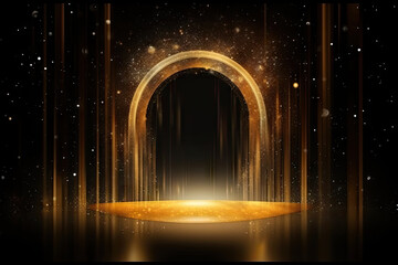 empty room at night mockup with copy space for award ceremony, light in the dark, golden confetti rain on festive stage with light beam in the middle