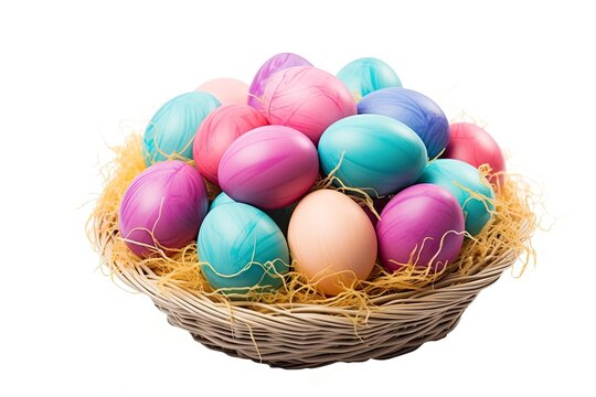 Pastel colored Easter eggs in a basket isolated on a white background