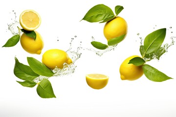 High resolution image of lemons with leaves floating isolated on white background representing levitation or zero gravity in food