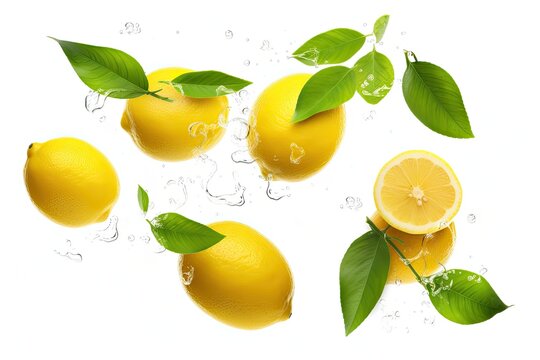 High resolution image of fresh lemons with green leaves in zero gravity isolated on white background