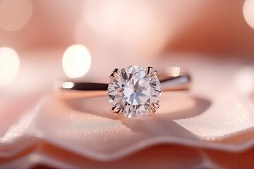 Diamond ring with sunlight and shadow background evokes love and the concepts of Valentine's Day, relationships, and weddings. Soft and selective focus enhances the image.