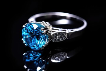 Black background showcasing blue topaz gemstone ring