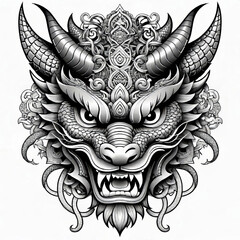 Vector illustration, Asian dragon and mask tattoo template, Asian patterns and ornaments, hand drawn sketch, Asian devil mask,